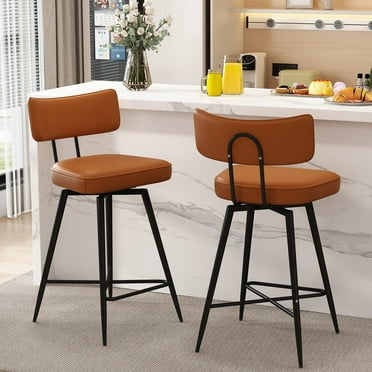 Ninecer Swivel Bar Stools Set of 2, 26" Counter Height Bar Stools with Back, Leather Upholstered Kitchen Barstool with Footrest and Metal Frame, Bar Chair for Kitchen Island, Brown