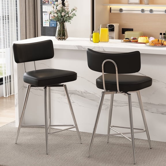 Ninecer Bar Stools Set of 2, Kitchen Counter stools with Backs and Metal Legs, 26" Black Leather Swivel Barstools for Counter Height