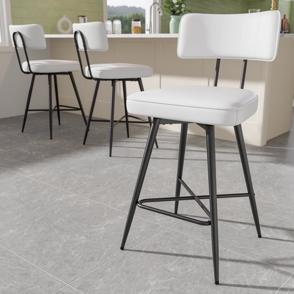 Ninecer Bar Stools Set of 3, Kitchen Counter stools with Backs and Metal Legs, 26" White Leather Swivel Barstools for Counter Height