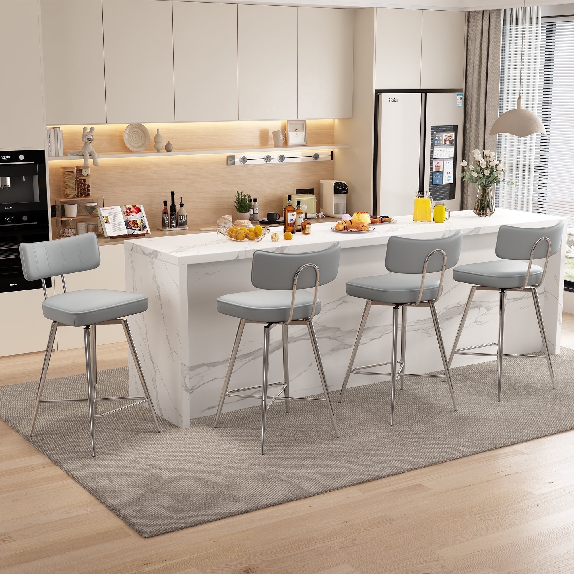 Light Gray Leather Swivel Counter Stools with Silver Metal Frame