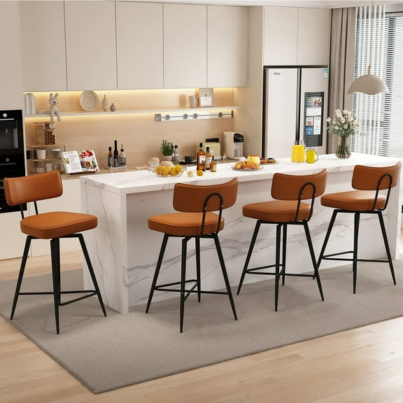 Ninecer Swivel Bar Stools, 26" Counter Height Upholstered Barstools with Backrest, Leather & Metal Frame, Set of 4