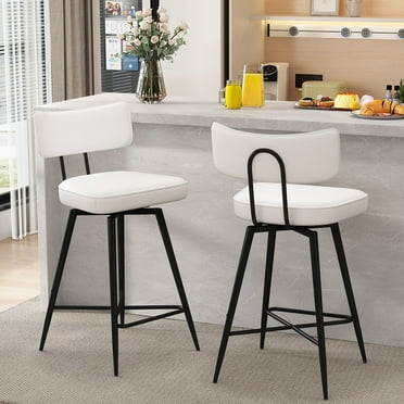 Ninecer Swivel Bar Stools Set of 2, 26" Counter Height Bar Stools with Back, Modern Leather Upholstered Kitchen Barstool with Footrest and Metal Frame, Bar Chair for Kitchen Island, White