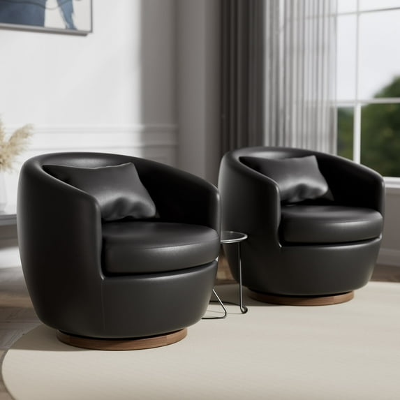 Ninecer Swivel Barrel Chair with Storage, Modern Round Accent Arm Chairs, Single Sofa Chair with Pillow, PU Leather Upholstered for Living Room Bedroom, Black(Set of 2)