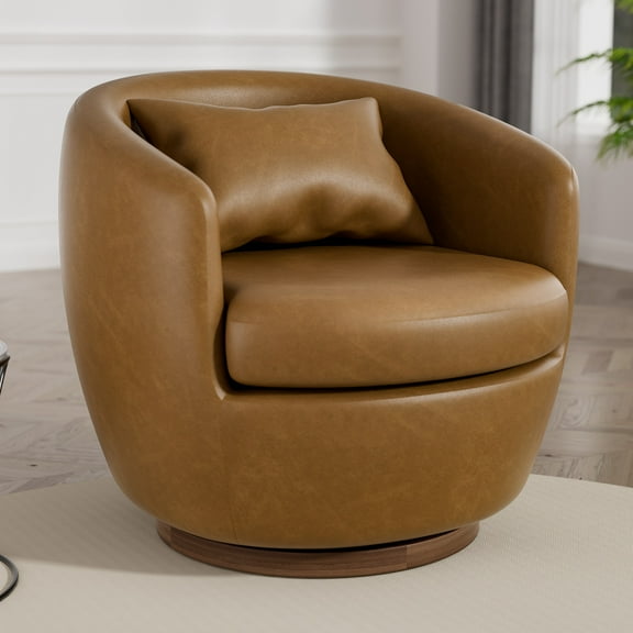 Ninecer Swivel Barrel Chair with Storage, Modern Round Accent Arm Chairs, Single Sofa Chair with Pillow, PU Leather Upholstered for Living Room Bedroom, Brown