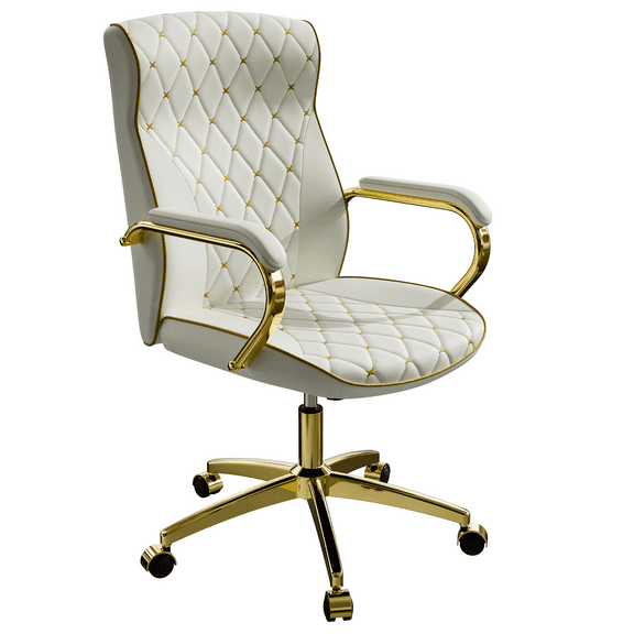 Ninecer Swivel PU Leather Office Chair, Ergonomic High Back Desk Chair with Padded Armrests, Computer Desk Chair with Gold Metal Frame, White