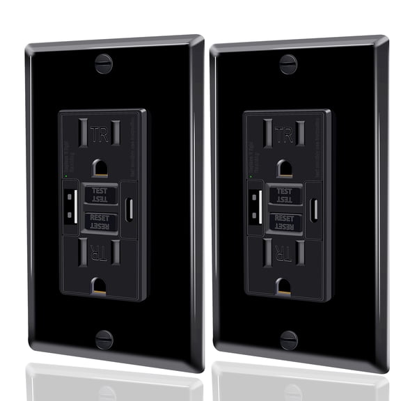 Nineleaf Black 15 Amp GFCI Outlet with USB C & USB A Ports, 2Pack Self Test GFCI Electrical Outlet with LED Indicator, Residential & Commercial Grade, Includes Wall Plate & Screws