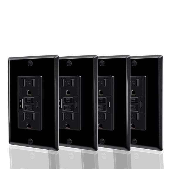 Nineleaf Black 15 Amp GFCI Outlet with USB C & USB A Ports, 4Pack Self Test GFCI Electrical Outlet with LED Indicator, Residential & Commercial Grade, Includes Wall Plate & Screws