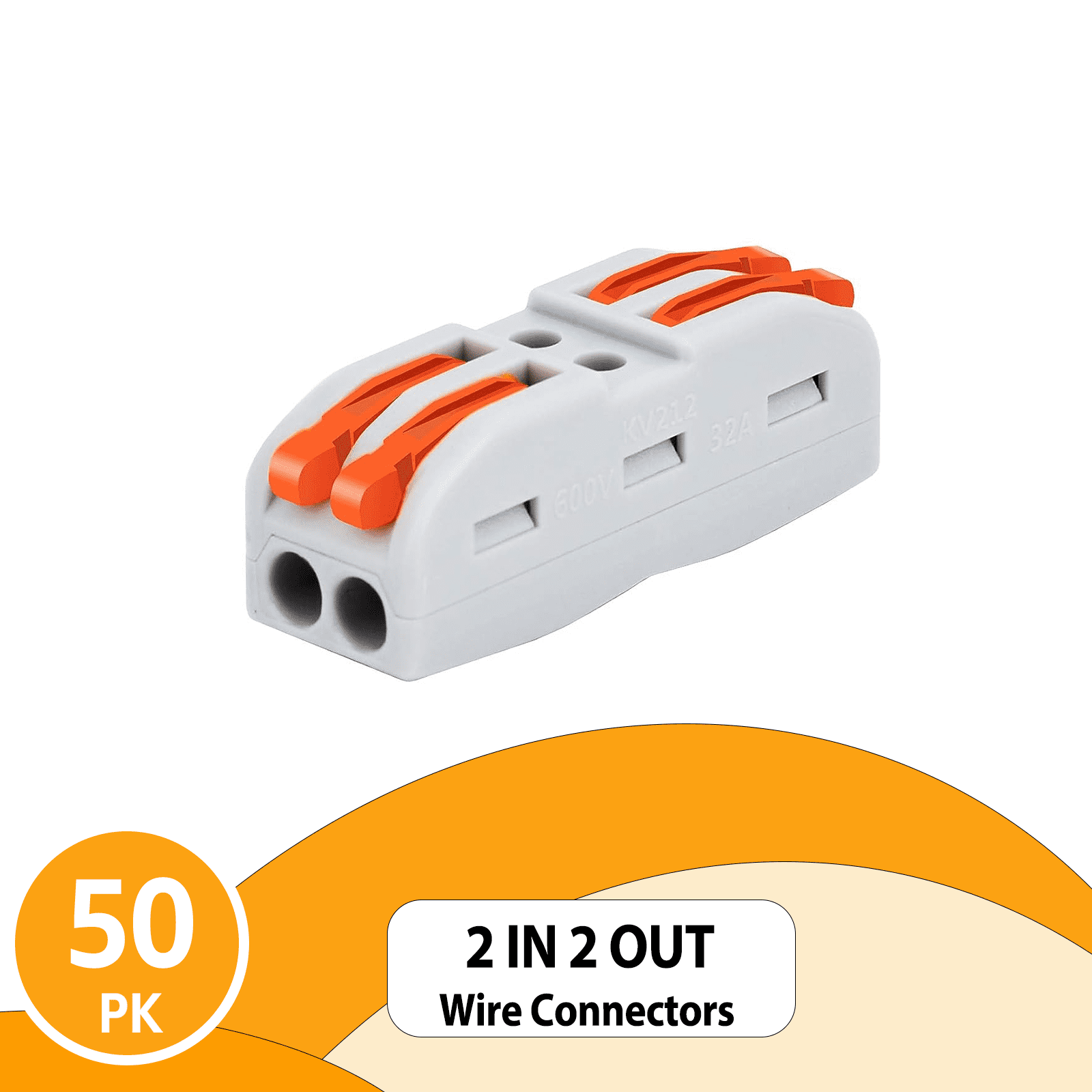 Nineleaf Push Quick Wire Connectors,50PK Electrical Cable Connectors, Max 32A 600V, 2 Pin Wire Connectors for Cables from 28 to 12 AWG, 12 14 16 Gauge Wire Connectors