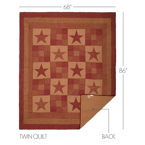 VHC Brands Ninepatch Star Twin Quilt 68Wx86L Country Patchwork Design, Burgundy