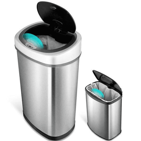 Nine Stars Automatic Kitchen Trash Can Combo, 13-Gallon + 2-Gallon Stainless Steel, Motion Sensor Hands-Free Soft-Close Lid Garbage Bin, Silver