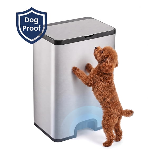 Ninestars Automatic Dog Proof Kitchen Trash Can, 13.2 Gallon Stainless Steel Foot Sensor Garbage Bin with Soft Close Lid, Silver