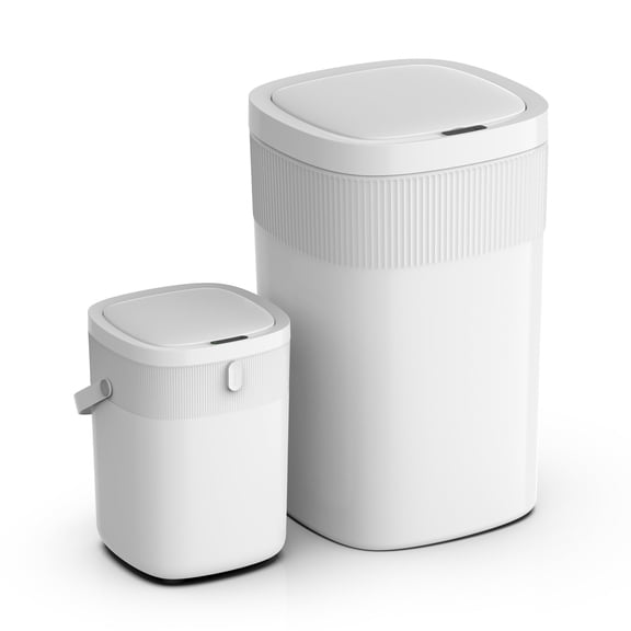 Ninestars Automatic Vibration Sensor Trash Can Combo, 13 Gal + 3.2 Gal Plastic, Multi Sensor Garbage Bin with Soft Close Lid, White