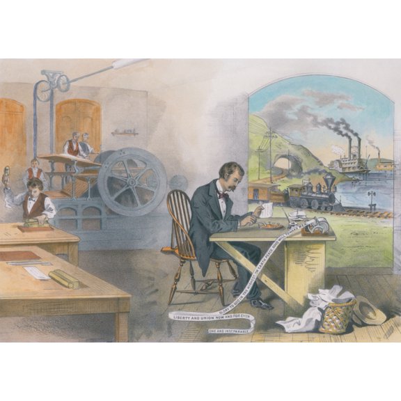 Nineteen Century Life Was Changed By Steam Power And Electricity That Powered The Steam Press Electric Telegraph Locomotive And Steamboat. 1876 Lithograph With Modern Watercolor. Photo 7 Continents