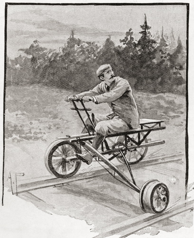 A Nineteenth Century Three Wheeled Velocipede On A Railroad Track From The Strand Magazine Published 1896 Canvas Art - Ken Welsh Design Pics (12 x 15)