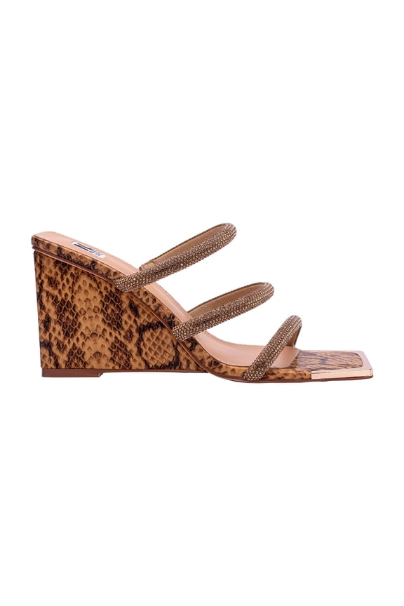 Angel 3 Band Metallic Snake Open Toe Wedge Slide, Camel, 8