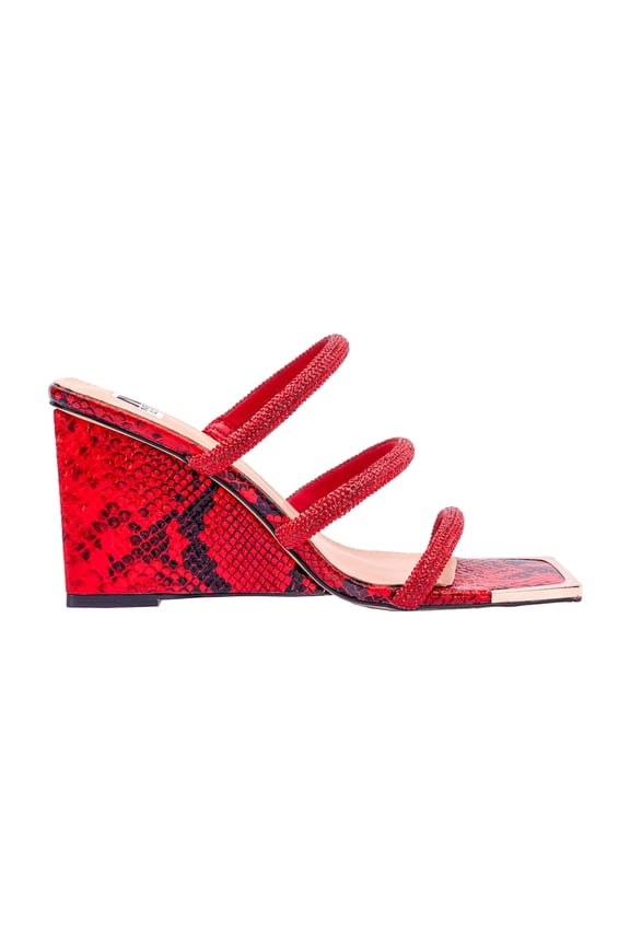 Angel 3 Band Metallic Snake Open Toe Wedge Slide, Red, 11