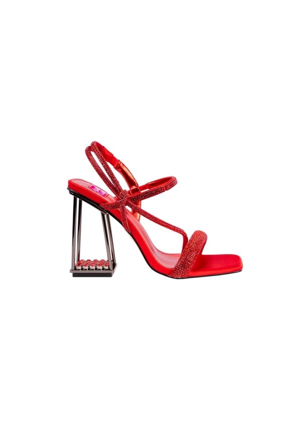 Ashley Kahen GODDESS Caged Metallic Rhinestone Heel Sandal, Red, 9