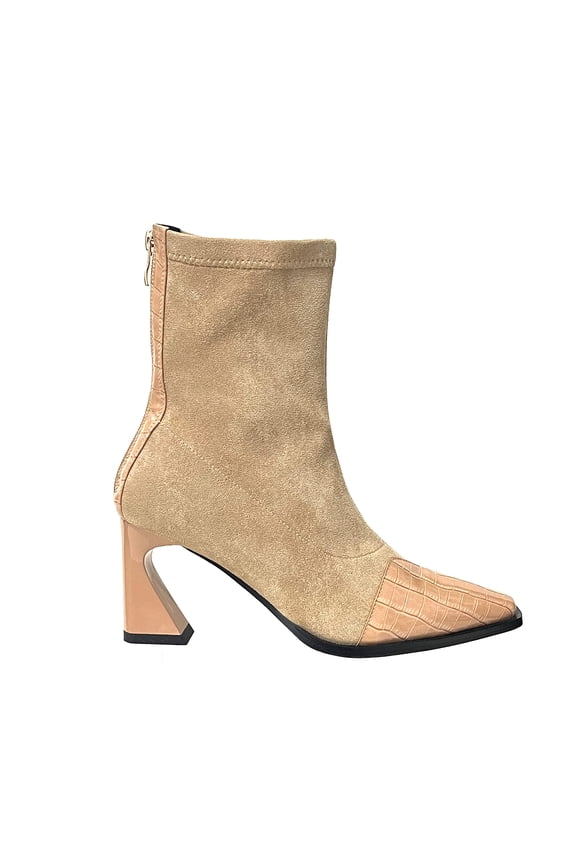 Bronx Pointed Toe Short Bootie on a Cool 3 inch Heel, Beige, 5