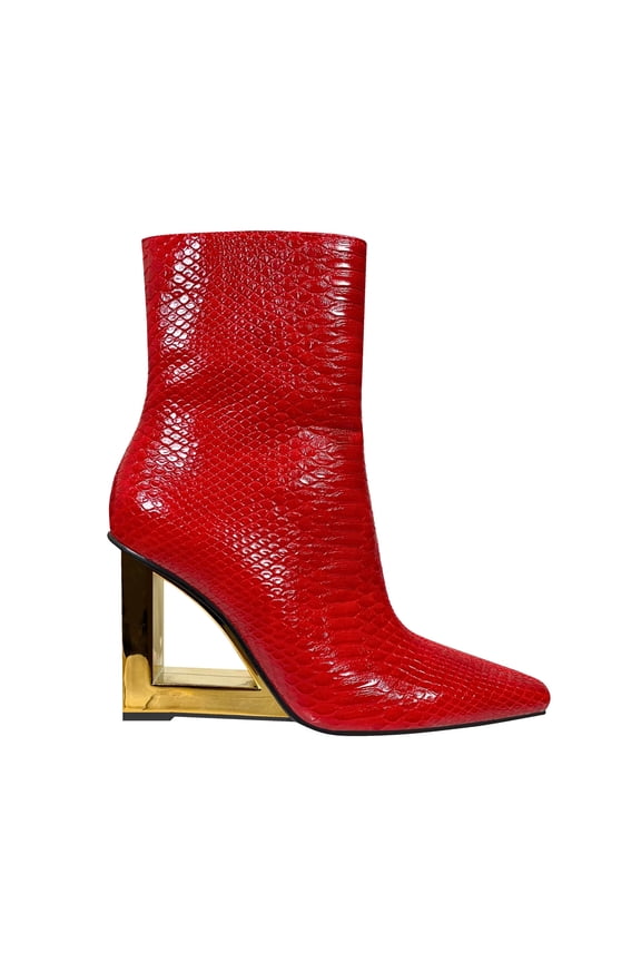 Fire Triangle Metal Heel Bootie, Red, 4