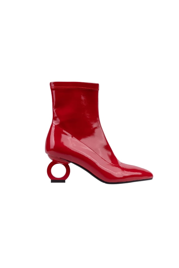 GREECE Metallic Circle Heel Bootie, Red, 5