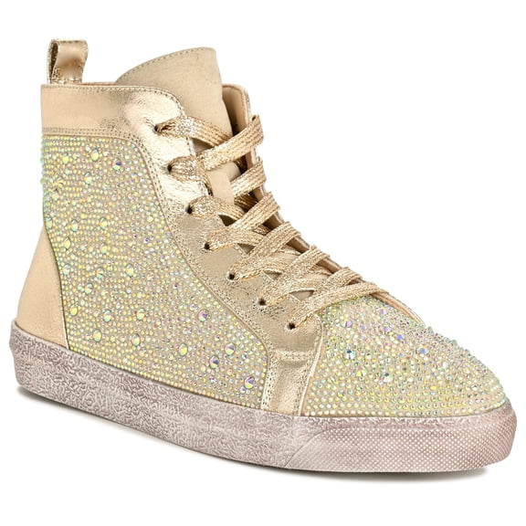 Ninety Union High Top Athletic Fashion Sneaker with Rhinestones, Gold, 5