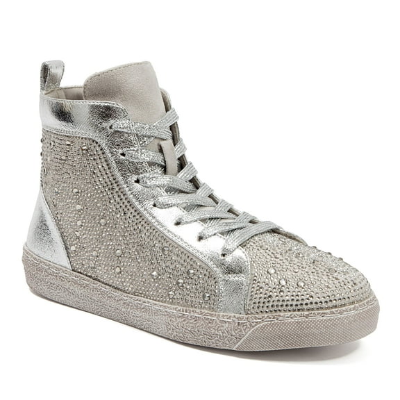 Ninety Union High Top Athletic Fashion Sneaker with Rhinestones, Silver, 6