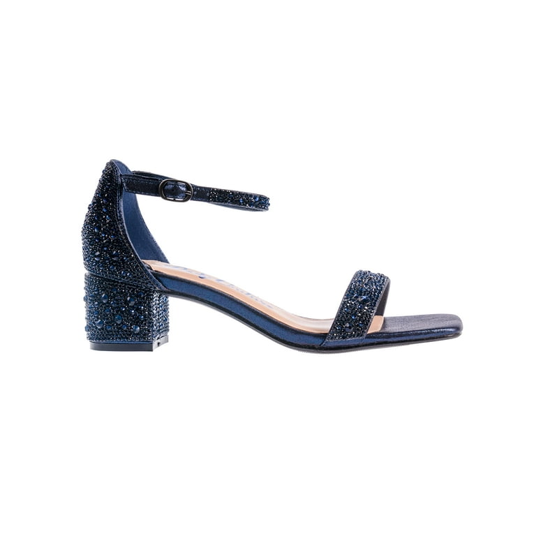 Navy Blue Glitter Blue Heels Block Pearl Navy Glitter Pointed Toe