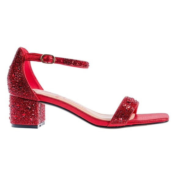 Ninety Union Lady Couture Dazzle 2 Inch Mid Block Heel Rhinestone Sandal, Red, 9