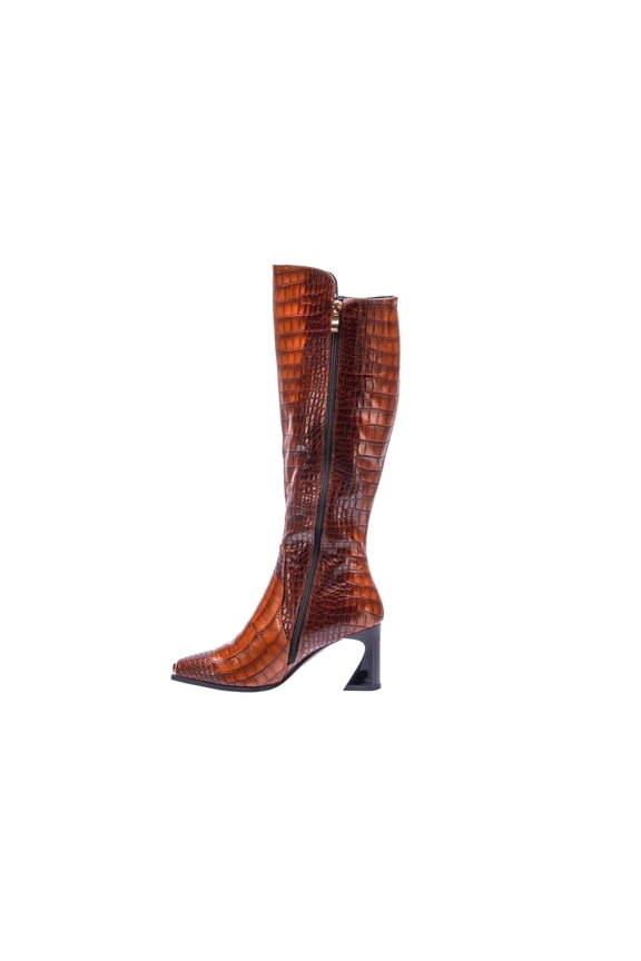 London Tall Printed High Heel Boot With A Square Toe And A Gold Tip, Brown, 6