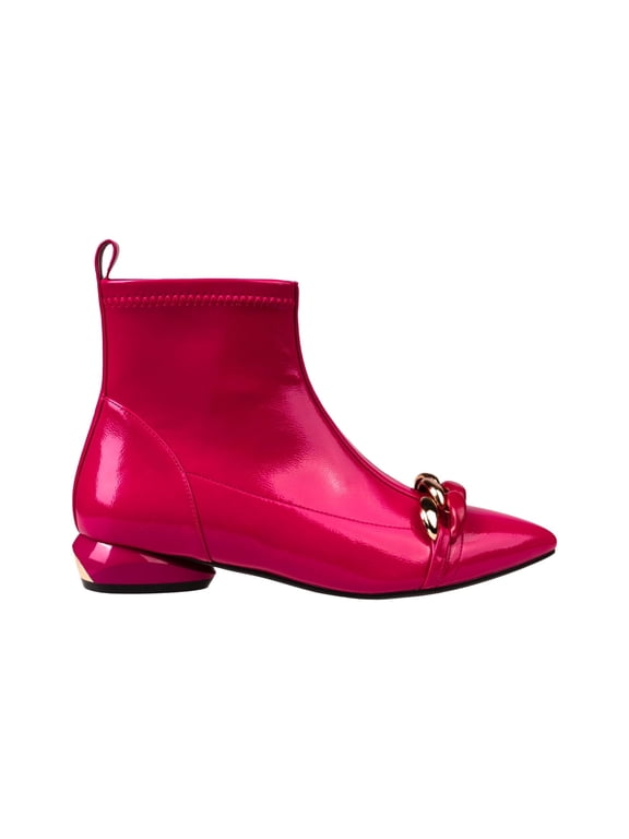 Milan Chain Detail Low Metal Heel Bootie, Fuchsia, 4