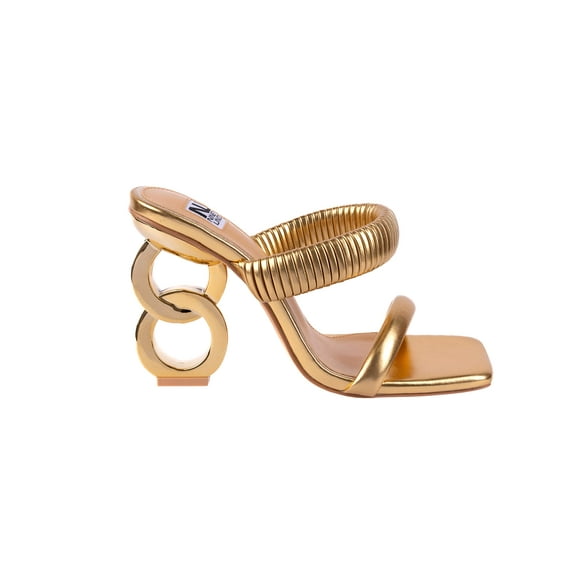 Ninety Union Raddle Metallic Heel Pleaded Two Band Slide, Gold, 8