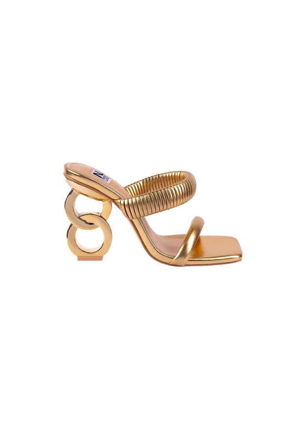 Raddle Metallic Heel Pleaded Two Band Slide, Gold, 9