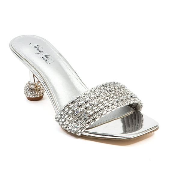 Ninety Union Sassy Stripy Open Toe Slide With Fancy Heel, Silver, 5