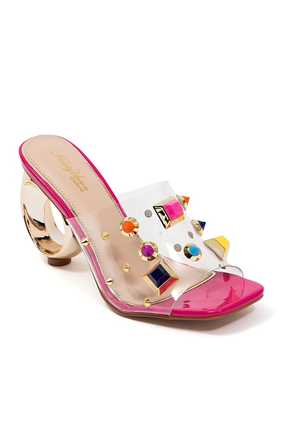 Vegas Lucite Multicolor Stone Slide On a Gold Circular Heel, Berry, 12