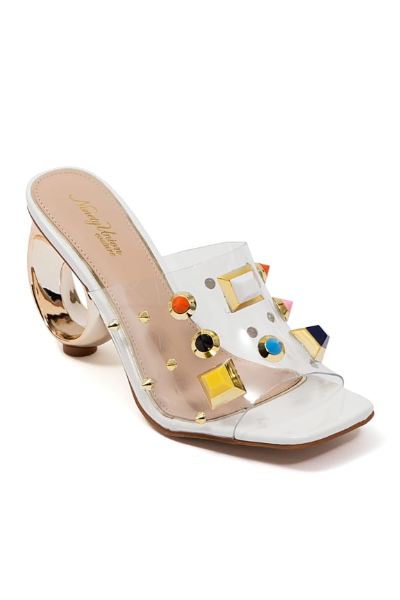 Vegas Lucite Multicolor Stone Slide On a Gold Circular Heel, White, 12