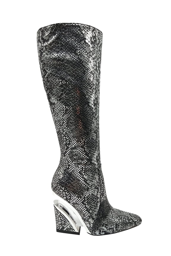 Viva Tall Metallic Snake Pointed Toe Boot, Black Snake, 9