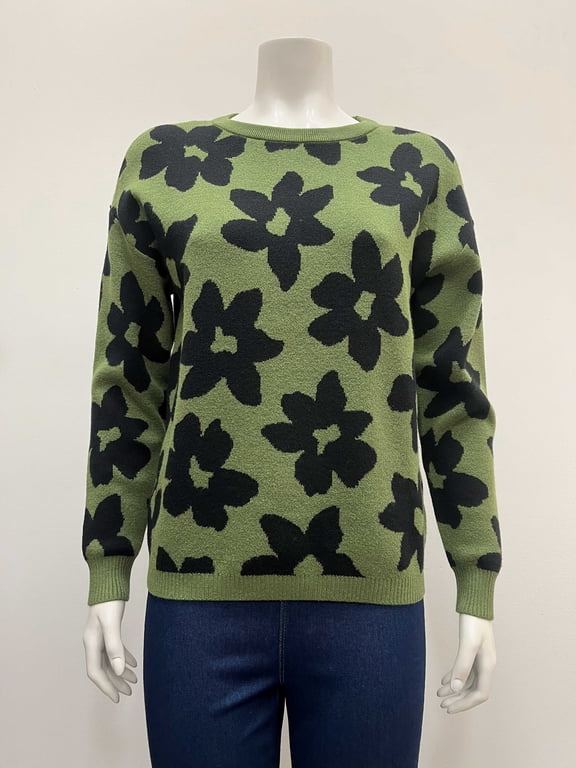 Women's pullover long sleeve crew neck intarsia flower Sweater .