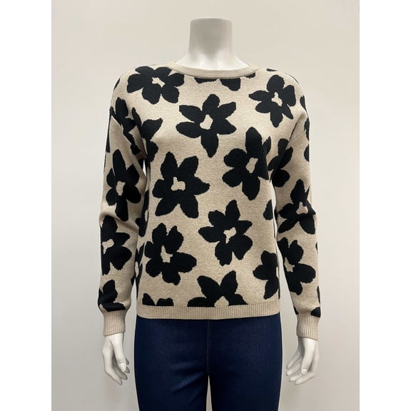 Ninety Women's pullover long sleeve crew neck intarsia flower Sweater