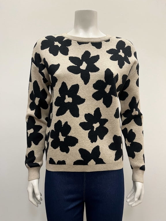 Women's pullover long sleeve crew neck intarsia flower Sweater