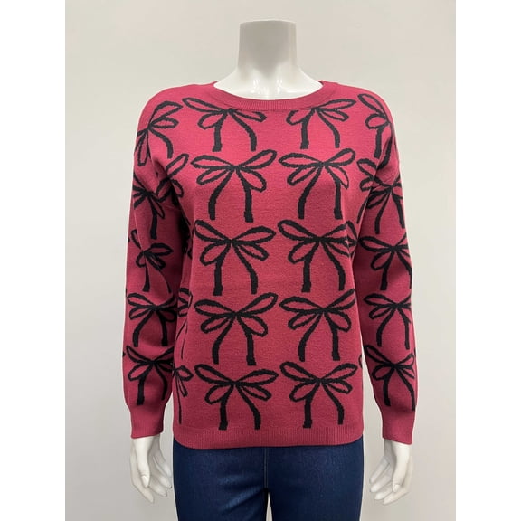 Ninety Women's pullover long sleeve crew neck jacquard bow Sweater