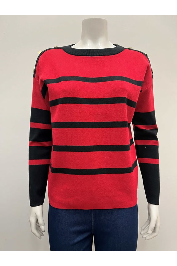 Women's pullover striped long sleeve crew neck Sweater with silver buttons details on shoulders .