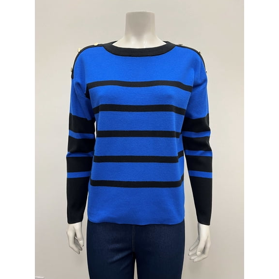 Ninety Women's pullover striped long sleeve crew neck Sweater with silver buttons on shoulders .