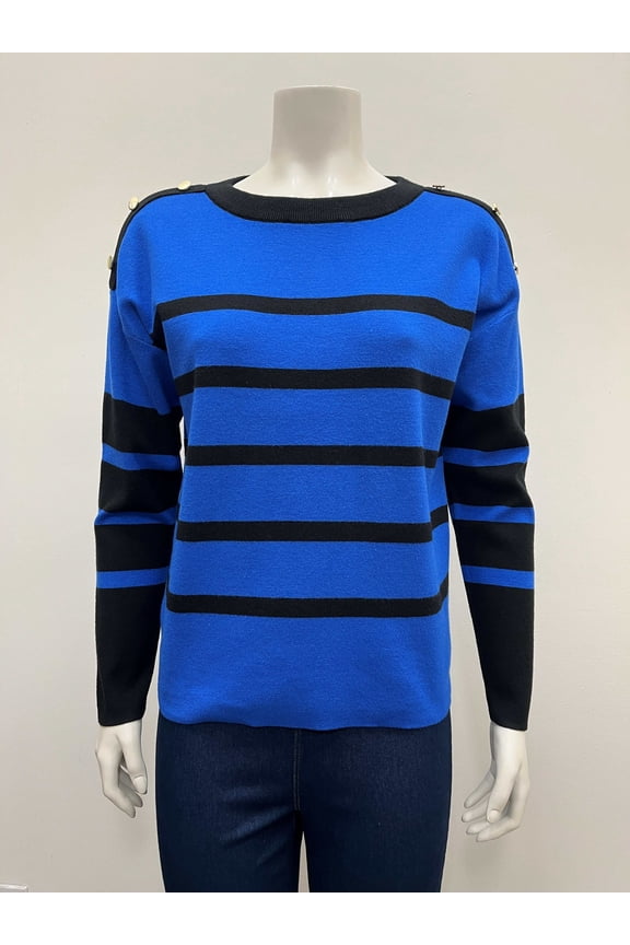 Women's pullover striped long sleeve crew neck Sweater with silver buttons on shoulders .