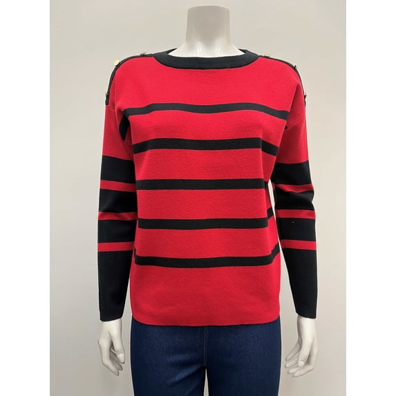 Ninety Women's pullover striped long sleeve crew neck Sweater with silver metal buttons on shoulders .