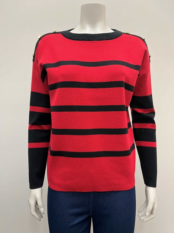 Women's pullover striped long sleeve crew neck Sweater with silver metal buttons on shoulders .