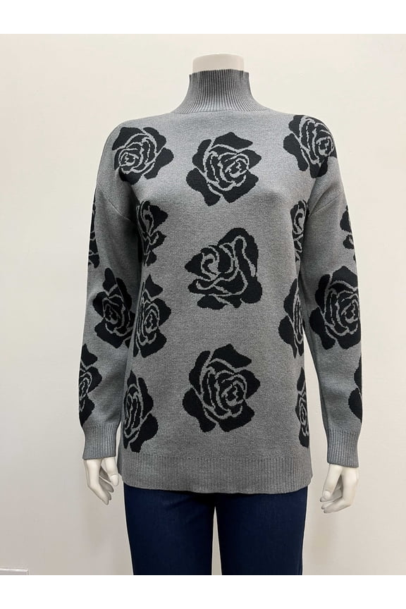 Women's pullover tunic long sleeve mock neck jacquard rose pattern Sweater with side slits .