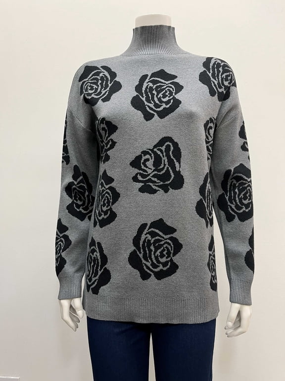 Women's pullover tunic long sleeve mock neck jacquard rose pattern Sweater with side slits .