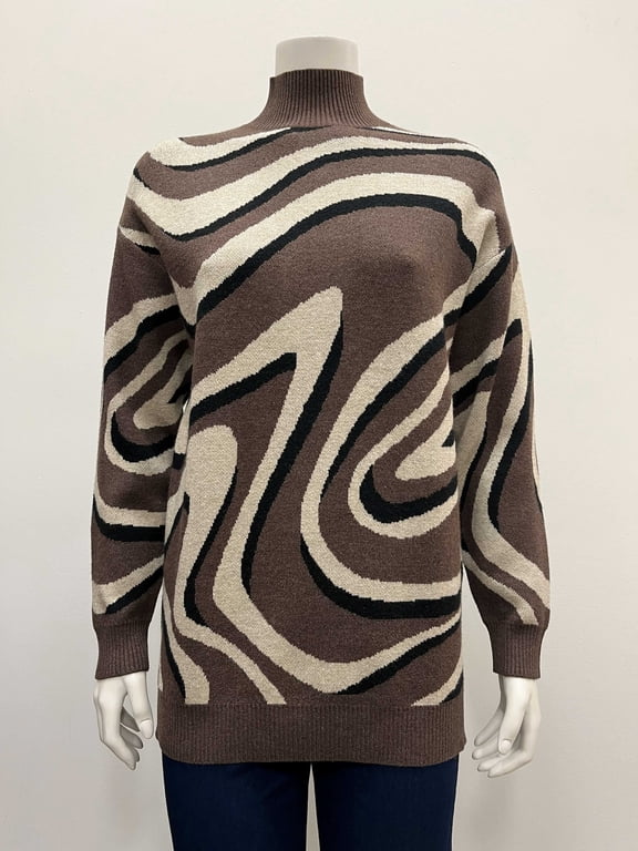 Women's pullover tunic long sleeve mock neck jacquard swirl Sweater with side slits .
