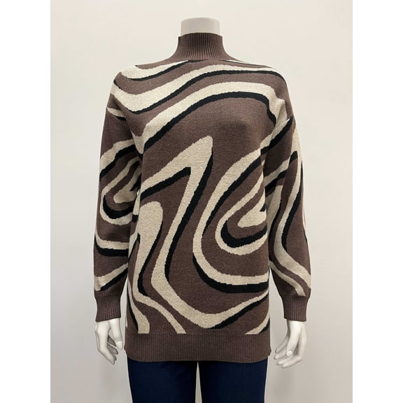 Ninety Women's pullover tunic long sleeve mock neck jacquard swirl Sweater with side slits .