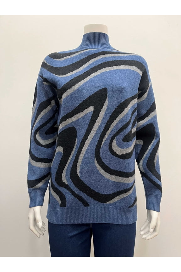 Women's pullover tunic long sleeve mock neck jacqurd swirl Sweater with side slits